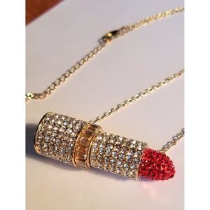 NEW Sparkling Crystal Lipstick Charm Necklace Gold Tone Red Stone Women Fashion